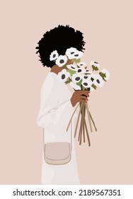 Abstract women portrait. Afro american black skin girl with flowers. Fashion vector illustration cartoon style isolated on neutral background. Template for cards, posters, banners, t-shirt prints.