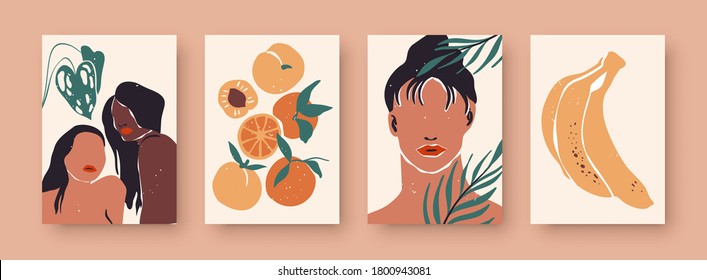 Abstract women portrait set, trendy diverse woman illustration collection with tropical nature decoration and still life fruit. Wall print template for fashion, feminist, or beauty concept.