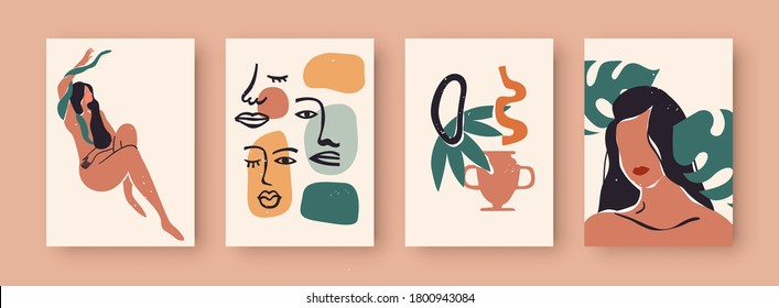 Abstract women portrait set, trendy woman illustration collection with tropical nature decoration and wild jungle snake. Wall print template for fashion, feminist, or beauty concept.