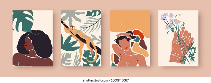 Abstract women portrait set, trendy diverse woman illustration collection with tropical nature decoration and wild jungle monkey. Wall print template for fashion, feminist, or beauty concept.