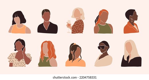 Abstract women portraits. Minimalist girl heads different hairstyles contemporary female avatars. Vector isolated set