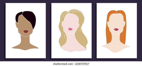 Resumen de siluetas femeninas en marcos. Tres mujeres diferentes. Diversidad. Arte vector dibujado a mano.