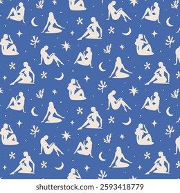 Abstract women silhouettes seamless pattern. Fashion hand drawn print with female figures, modern collage art with abstract shapes. Vector texture.