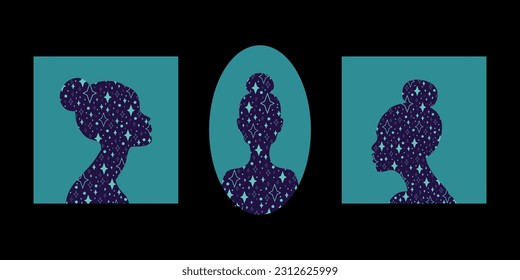 Abstract women silhouettes set with star pattern on a black background. Faceless woman portrait