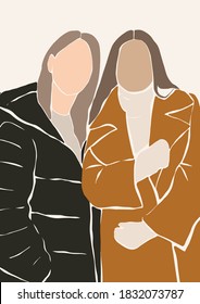 Abstract women vector figures with textures. Contemporary art. Fashion female figures in modern style with accessories. Season Autumn Winter. Perfect for print, poster, social media, cards