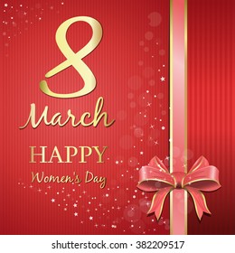 Abstract Womens Day background for design. Happy Womens Day. Gold lettering on a pink festive background. International Womens Day card.