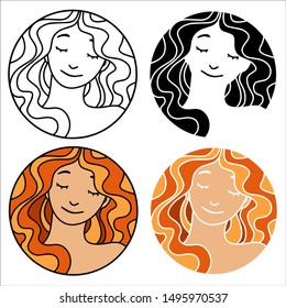 Abstract women's face and hair. Line, color and silhouette circle logo, isolated vector illustration for design