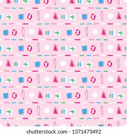 Abstract wonky geo shapes. Vector pattern seamless background. Hand drawn  dots, triangles, crosses illustration. Trendy fun home decor, 1950s feminine fashion all over print, wallpaper, textiles.