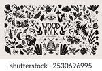 Abstract wood folk shapes with plants, animals, insects and forest elements. Ethnic folk stickers in scandinavian style. Boho silhouettes and floral patterns, doodle Scandinavian folk textile pattern