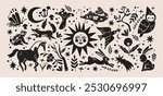 Abstract wood folk shapes with plants, animals, insects and forest elements. Ethnic folk stickers in scandinavian style. Boho silhouettes and floral patterns, doodle Scandinavian folk textile pattern