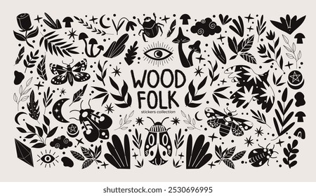 Abstract wood folk shapes with plants, animals, insects and forest elements. Ethnic folk stickers in scandinavian style. Boho silhouettes and floral patterns, doodle Scandinavian folk textile pattern