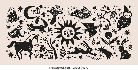 Abstract wood folk shapes with plants, animals, insects and forest elements. Ethnic folk stickers in scandinavian style. Boho silhouettes and floral patterns, doodle Scandinavian folk textile pattern