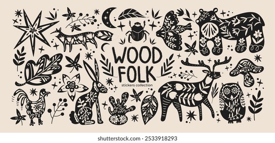 Abstrakte Holzvolksformen mit Pflanzen, Tieren, Insekten und Waldelementen. Ethnische Volksaufkleber im skandinavischen Stil. Boho Tiere Silhouetten und Blumenmuster, Doodle Skandinavische Volkstextilien 