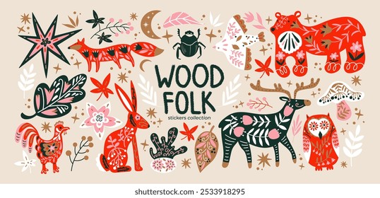 Abstract wood folk shapes with plants, animals, insects and forest elements. Ethnic folk stickers in scandinavian style. Boho animals silhouettes and floral patterns, doodle Scandinavian folk textile 