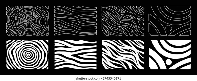 Abstract wood grain patterns set isolated on black background. Topographic rings and flowing line textures in outline and solid styles for modern design. Flat vector pattern collection.