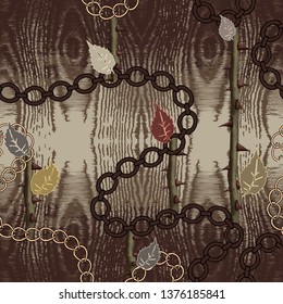 Abstract wood textured vector seamless pattern. Wooden background with chains, prikly plants, thorns, leaves. Repeat patterned creative backdrop. Decorative modern design. Endless ornate texture.
