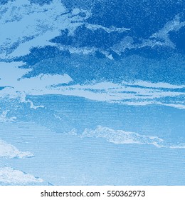 Fondo de estilo carpintero abstracto. Nubes en un cielo azul, estilo retro grabado. Elemento de diseño. Ilustración del vector