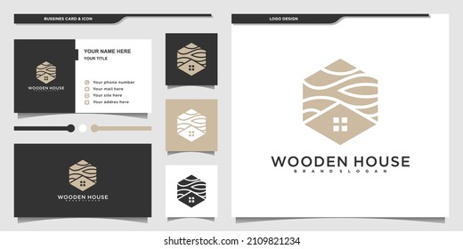 Abstract wooden house logo design with unique hexagon shape concept and business card design Premium vektor