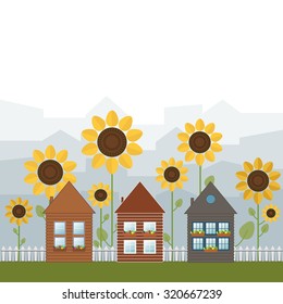 Abstract Wooden Houses With Sunflowers In The Background