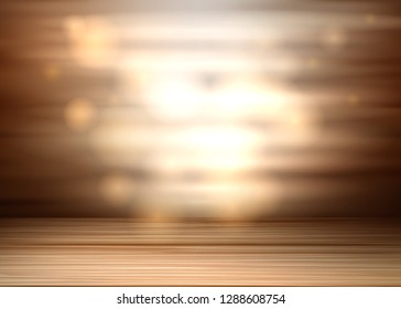 Abstract wooden texture background. Brown table or floor surface of natural timber on glowing backdrop. Interior retro, vintage rough decoration. Vector illustration