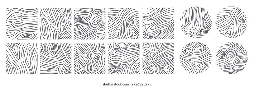 Abstract Wooden texture bib set. Hand drawn wood tree rings. Graphics round, square elements, outline tree rings, stumps structure. Decorative nature cutting wood circle. Vector illustration.