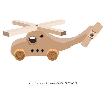 Abstract wooden toy helicopter design with simple shapes, wheels, and propellers