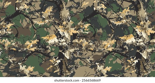 Abstract woodland camouflage, seamless texture, military camouflage pattern, Army or hunting dark khaki green camo clothes. Camouflage wallpaper for textile and fabric. Fashion camo style. Vector