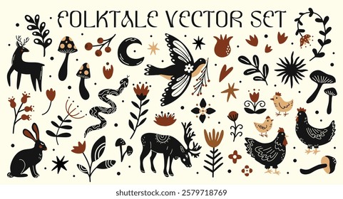 Abstract woodland folk tale animals, flowers and forest plants vector elements. Scandi ethnic vintage illustrations of bird, elk, deer, hare, rabbit, snake, leaf branches silhouette stickers design