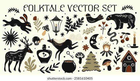 Abstract woodland folk tale animals, flowers, plants vector elements. Scandi ethnic vintage illustrations of bird, unicorn, deer, bear, hare, rabbit, snake, leaf branches silhouette stickers design