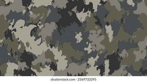 Abstract woodland splashes seamless pattern.  Woodland camo. Grunge hunting camouflage background. Abstract camo. Classic hunting camouflage. Digital camouflage pattern. 