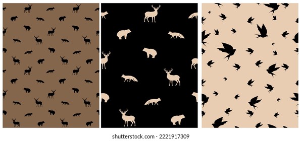 Abstract Woodland Vector Seamless Pattern and Stags  Bears  Birds   Foxes Simple White Hand Drawn Forest Animals Black  Brown   Beige Background Wild Animals Print ideal for Fabric  Textile 