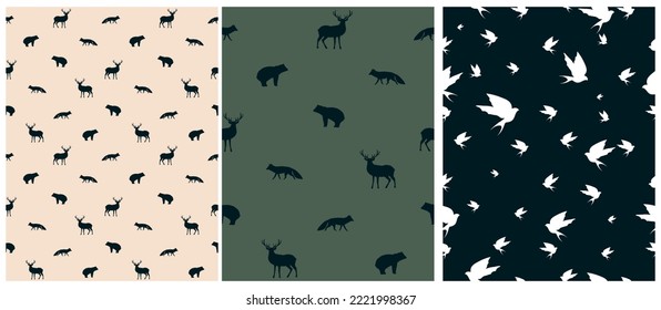 Abstract Woodland Vector Seamless Pattern and Stags  Bears  Birds   Foxes Simple White Hand Drawn Forest Animals Black  Green   Beige Background Wild Animals Print ideal for Fabric  Textile 
