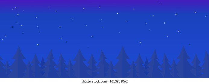 Abstract the woods at night. Seamless horizontal vector background. Flat image of forest and night sky in blue