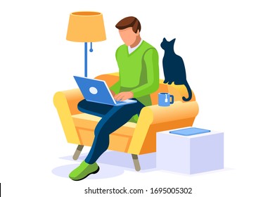 Abstract working at home concept. Young company inspiration for trendy working at home on work space studio. Stylish vector illustration in flat cartoon style. Developer teamwork shared works concepts