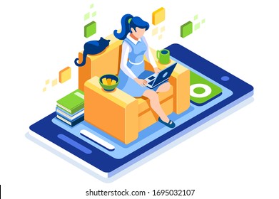 Abstract working at home concept. Young company inspiration for trendy working at home on work space studio. Stylish vector illustration in flat cartoon style. Developer teamwork shared works concepts