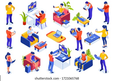 Abstract working at home concept. Young company inspiration for trendy working at home on work space studio. Stylish vector illustration in flat cartoon style. Developer teamwork shared works concepts