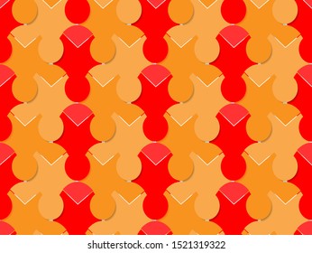 Abstract works of orange and red. Many people stand together