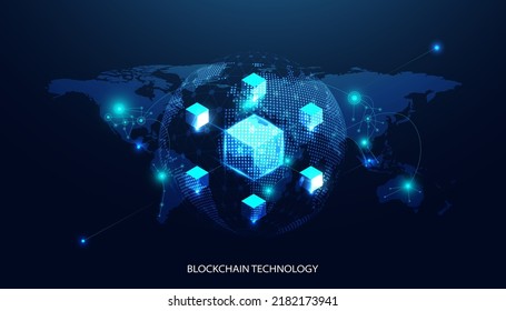 Abstract world blockchain technology cryptocurrency and fintech square cube crypto operations Connect block, data transmission, new technology system, Vector illustration.