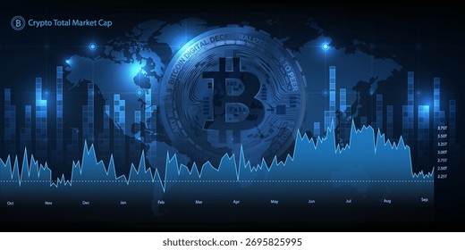 Abstract world economic artwork and background with bitcoin cryptocurreny.Vector illustrations. 