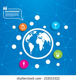 Abstract world globe. Alcoholic drinks icons. Champagne sparkling wine with bubbles and beer symbols. Wine glass and cocktail signs. Molecule structure background. Vector