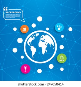 Abstract world globe. Bar or Pub icons. Glass of beer and champagne signs. Alcohol drinks and cocktail symbols. Molecule structure background. Vector