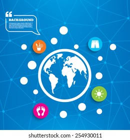 Abstract world globe. Beach holidays icons. Cocktail, human footprints and swimming trunks signs. Summer sun symbol. Molecule structure background. Vector