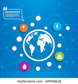 Abstract world globe. Birthday party icons. Cake with ice cream signs. Air balloon with rope symbol. Molecule structure background. Vector