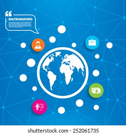 Abstract world globe. Businessman icons. Human silhouette and cash money signs. Case and presentation with chart symbols. Molecule structure background. Vector