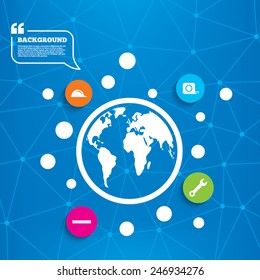 Abstract world globe. Construction helmet and wrench key tool icons. Ruler and tape measure roulette sign symbols. Molecule structure background. Vector