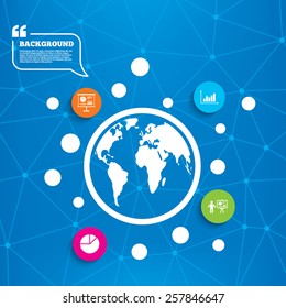 Abstract world globe. Diagram graph Pie chart icon. Presentation billboard symbol. Supply and demand. Man standing with pointer. Molecule structure background. Vector