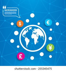 Abstract World Globe. Dollar, Euro, Pound And Yen Currency Icons. USD, EUR, GBP And JPY Money Sign Symbols. Molecule Structure Background. Vector