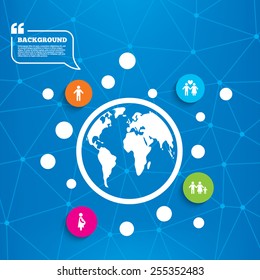 Abstract world globe. Family lifetime icons. Couple love, pregnancy and birth of a child symbols. Human male person sign. Molecule structure background. Vector