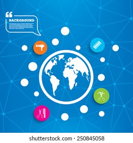 Abstract world globe. Hairdresser icons. Scissors cut hair symbol. Comb hair with hairdryer sign. Molecule structure background. Vector