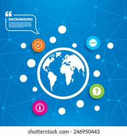 Abstract world globe. Information icons. Stop prohibition and question FAQ mark speech bubble signs. Approved check mark symbol. Molecule structure background. Vector